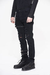 Black Metallic Punk Broken Holes With Loops Mens Pants - Product - 3