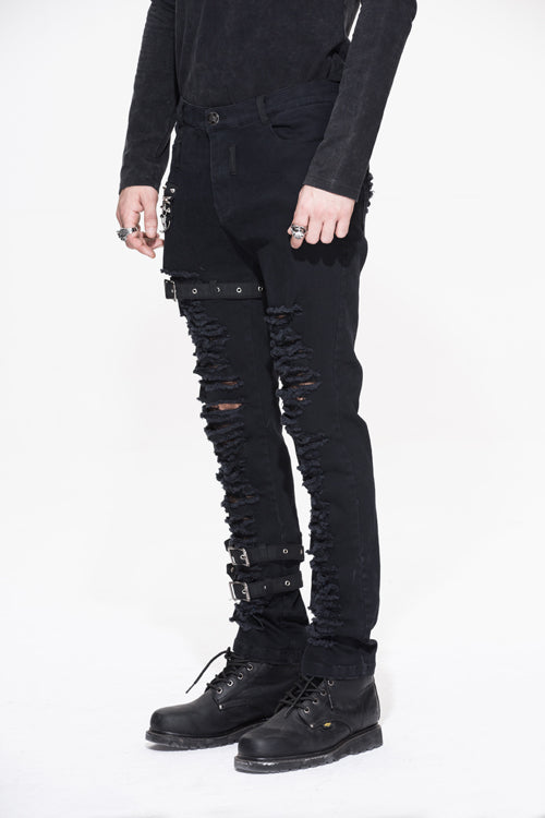 Black Metallic Punk Broken Holes With Loops Mens Pants - Product - 3