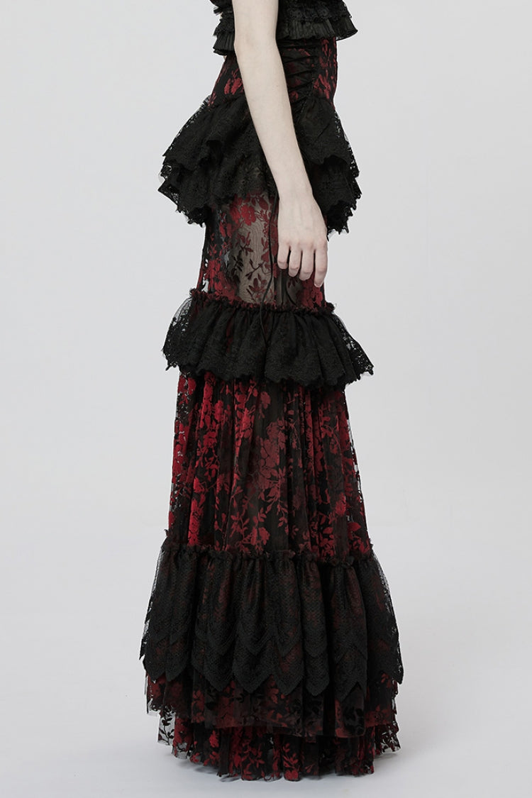 Black/Red Layered Ruffle Hollow Lace Women's Gothic Skirt - Product - 2