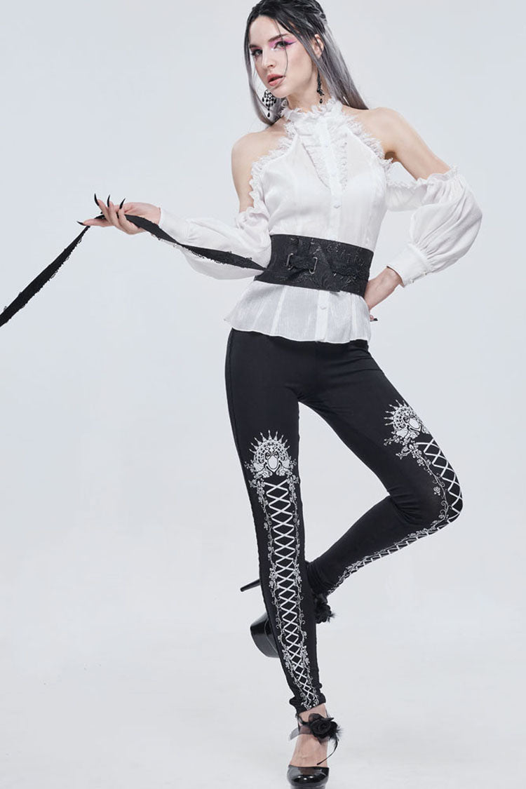 Black/White Gothic Printed Decoration Tie-Rope Elasticity Women's Leggings - Product - 7