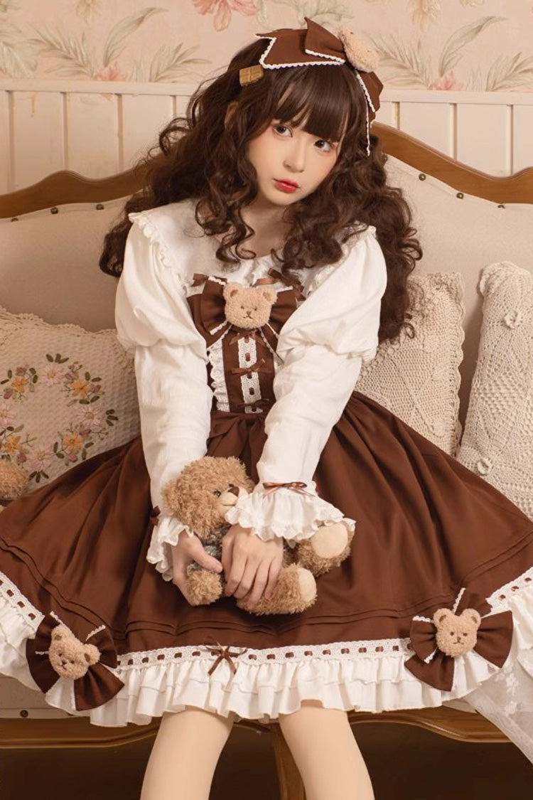 Brown [Mousse Bear] Sleeveless Ruffle Bowknot Sweet Vintage Princess Lolita Jsk Dress - Product - 2