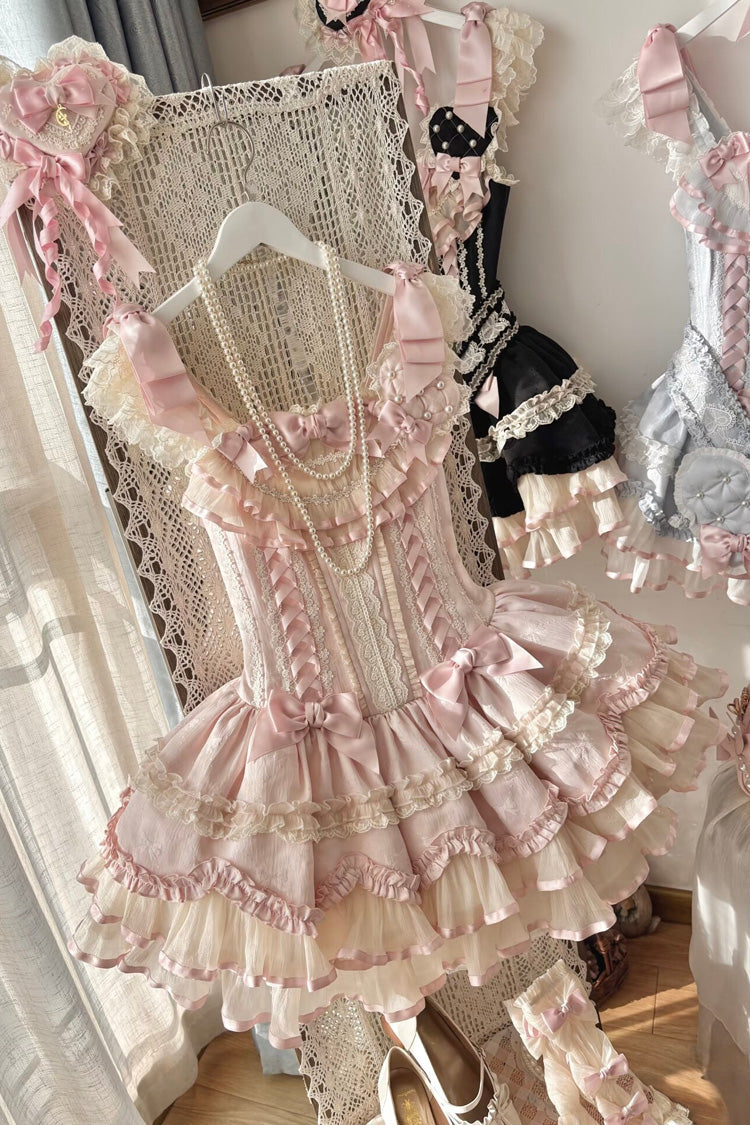 Blue Triple-Layered Ruffled Bow Lace-Up Slim Ballet Sweet Lolita Dress - Pink - 12