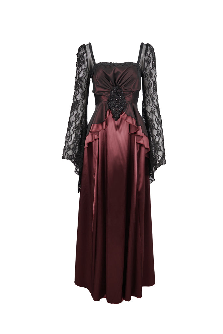 Red Lace Pointy Large Sleeves Back Middle Zipper Satin Long Floor Length Women's Gothic Dress - Product - 5