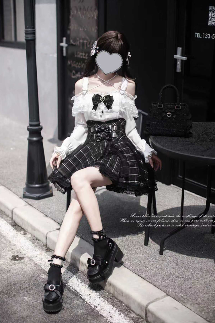 Black Plaid Print Bowknot Sweet Jirai Kei Japanese Skirt - Product - 7