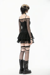 Black Off Shoulder Long Sleeves Mesh Women's Gothic Versatile Top - Product - 4