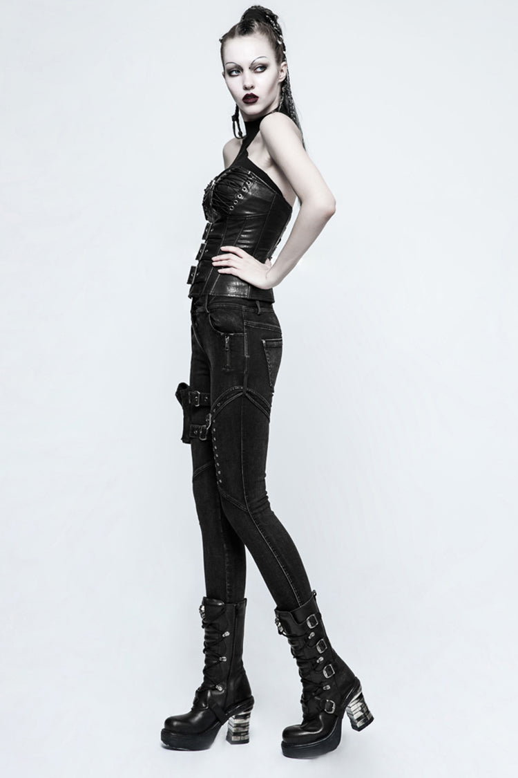 Black Removable Pocket Buttonhole Trim Skinny Stretch Denim Women's Punk Trouser - Product - 2