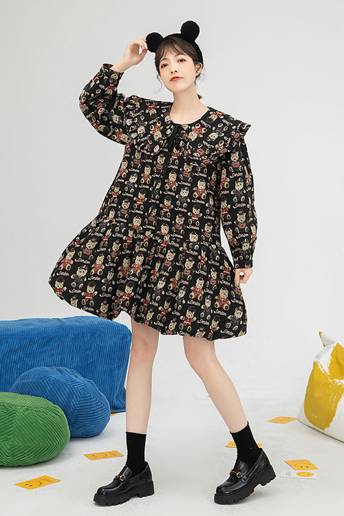 Black Doll Collar Bear Print Puff Sleeves Ruffled Sweet Lolita OP Dress - Product - 3