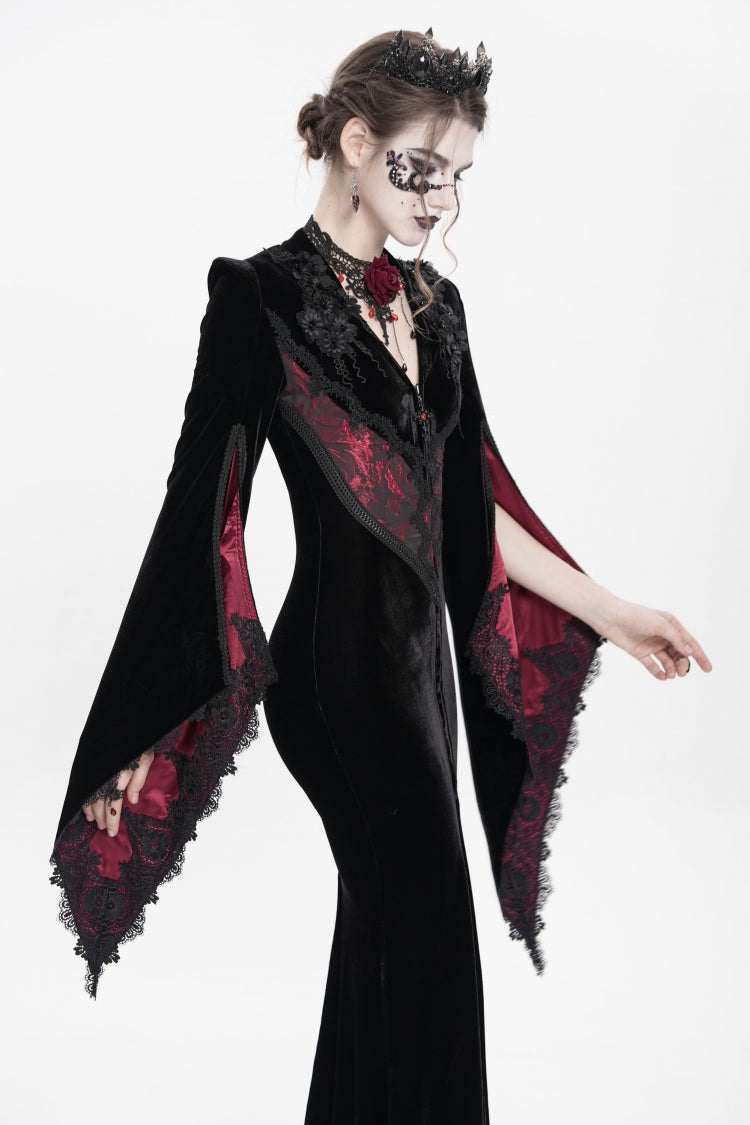 Black/Red V Collar Long Trumpet Sleeves Floral Embroidered Velvet Women's Gothic Dress - Product - 13
