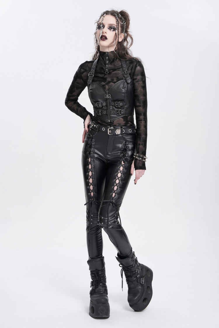 ブラック レースアップ ダメージ加工 Rivet レディース パンク パンツ 商品画像