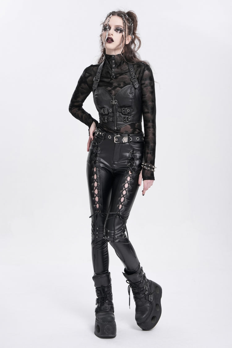 Black Lace-Up Ripped Rivet Women's Punk Pants - Product - 11