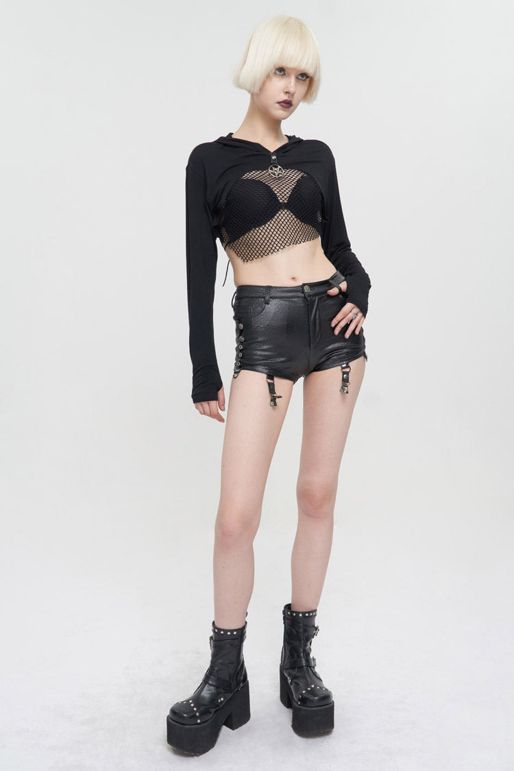 Black Faux Leather Pentagram With Stockings Women's Punk Shorts - Product - 5