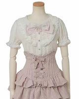 Sweet Short Sleeves Jacquard Ruffled Bow Lolita Blouse 3 Colors - White/Pink - 6