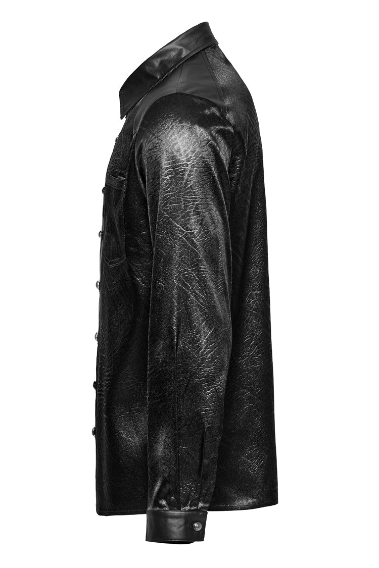 Black Lapel Collar Long Sleeves Faux Leather Men's Gothic Blouse - Product - 6