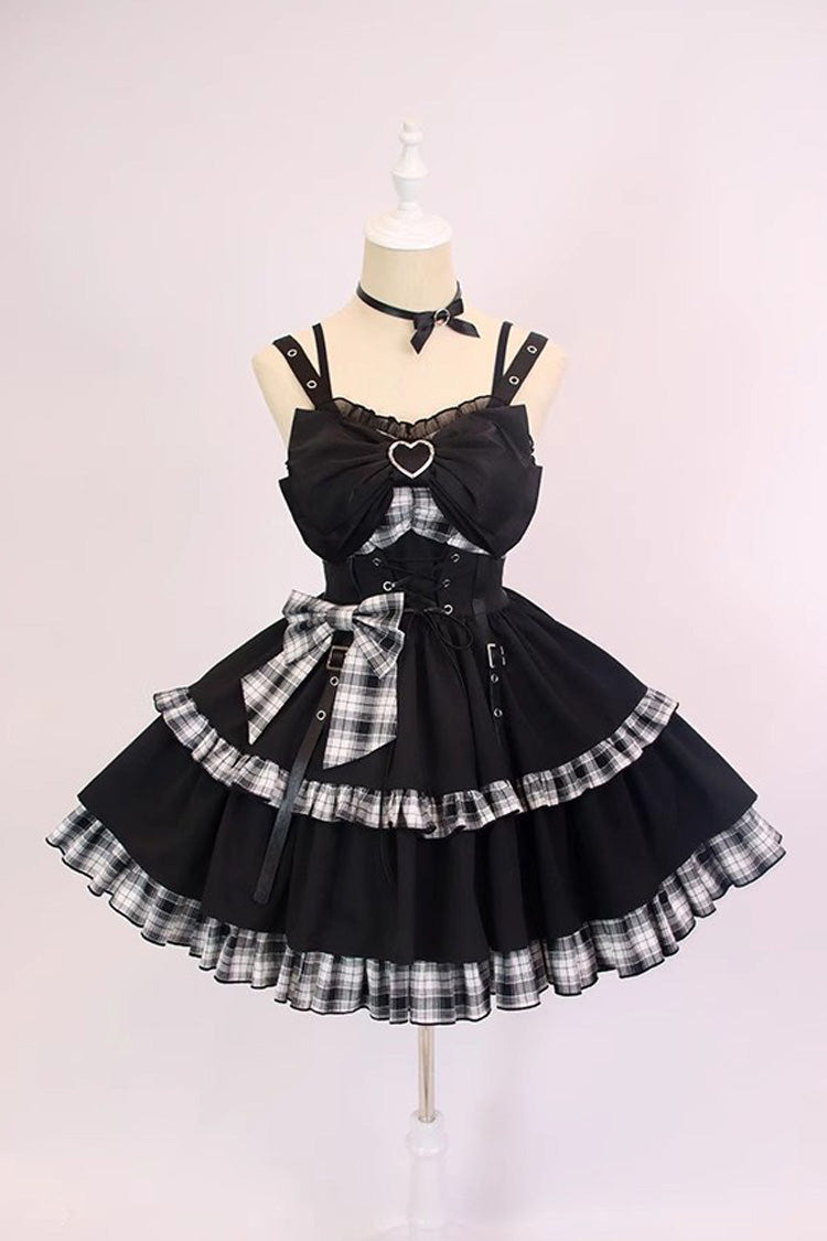 ブラック／ホワイトチェックプリントカラーコントラストレザーバックルリボンフリルゴシックロリータジャンパースカート（JSK） 商品画像