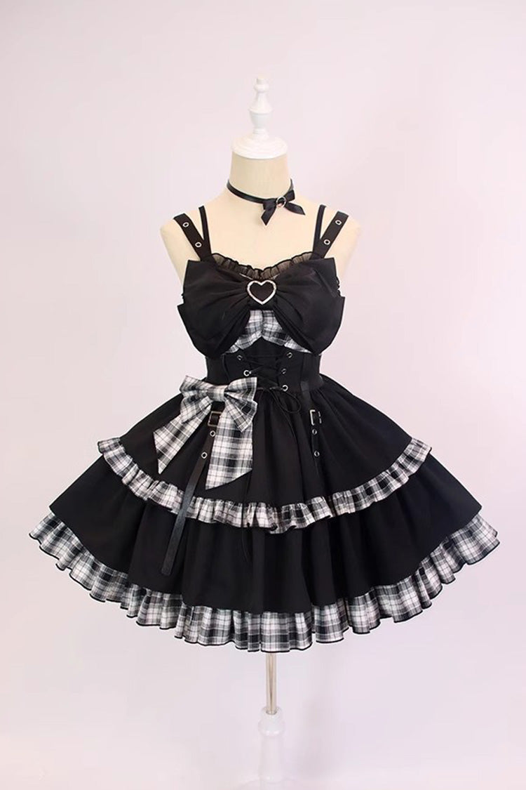 Black/White Plaid Print Color Contrast Leather Buckle Bowknot Ruffle Gothic Lolita JSK Dress - Product - 3