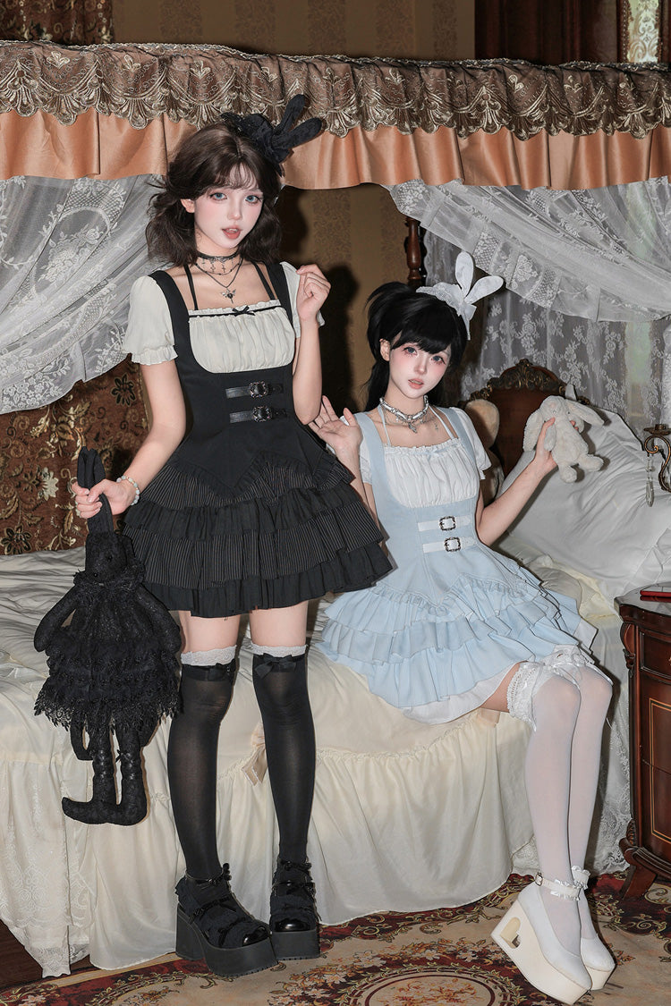 [Silent Summer] Square Collar Halterneck Short Sleeves Multi-Layered Printed Ruffled Classic Cool Lolita Dress Set (Black/Blue 2 Colors) - Product - 5