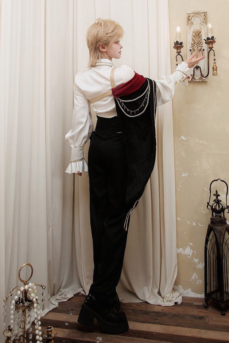 Black/White [Oath Knight] Lapel Collar Long Sleeves Ruffled Embroidered Gothic Ouji Lolita Set - Product - 10