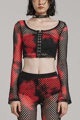Long Sleeves Hollow Stitching Tie-dyed Womens Steampunk Short T-Shirt 3 Colors - Red/Black - 1