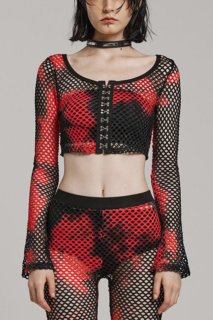 Long Sleeves Hollow Stitching Tie-dyed Womens Steampunk Short T-Shirt 3 Colors - Red/Black - 1