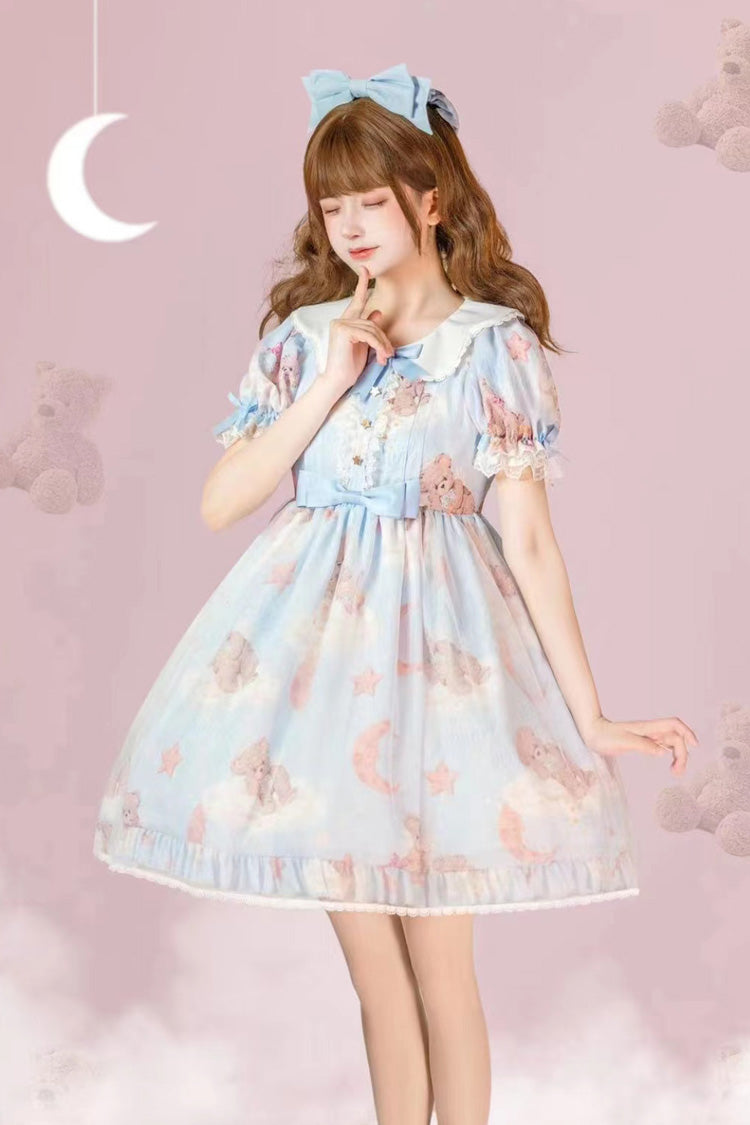 Star Wishing Bear Print Short Sleeves Bowknot Sweet Lolita Dress 2 Colors - Blue - 1