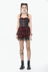 Black/Red Plaid Leather Multi-Layered Ruffled Women's Punk  Sweetcore Slip Dress - Product - 7