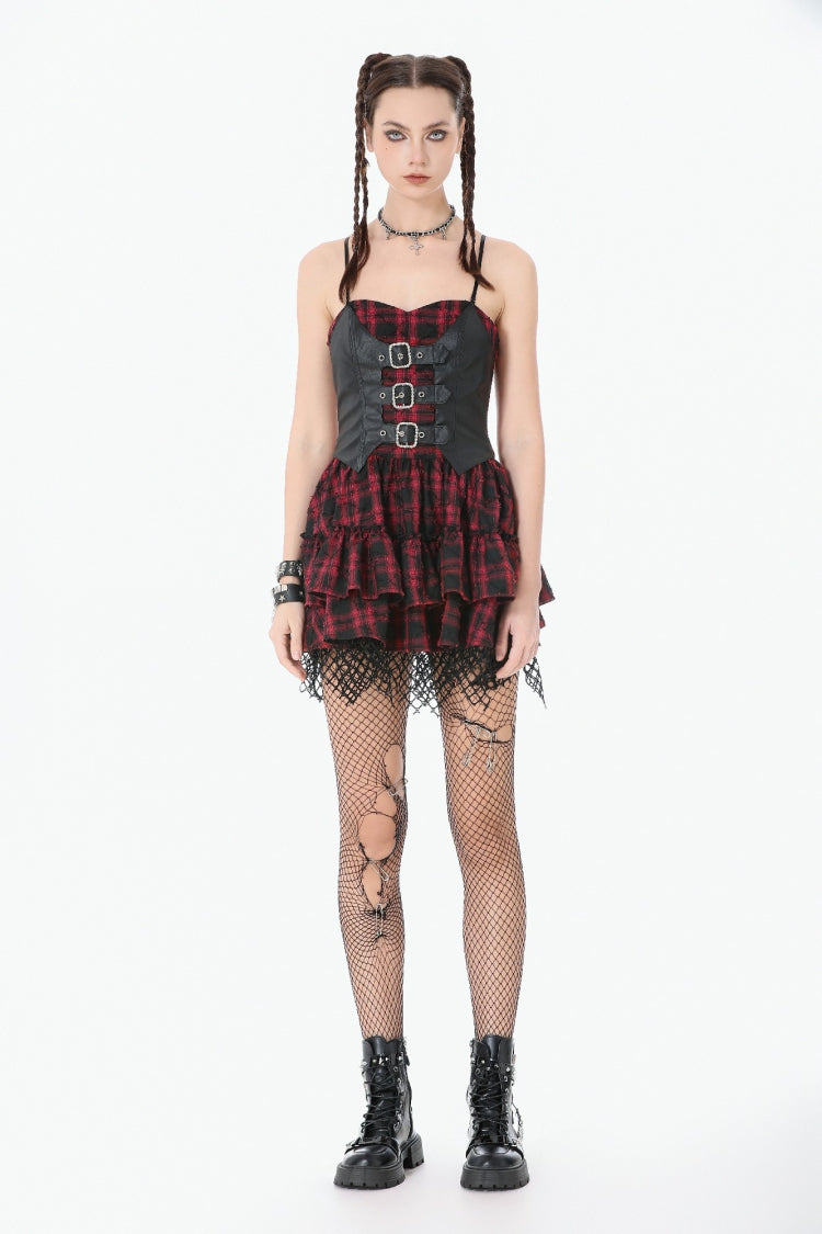 Black/Red Plaid Leather Multi-Layered Ruffled Women's Punk  Sweetcore Slip Dress - Product - 7