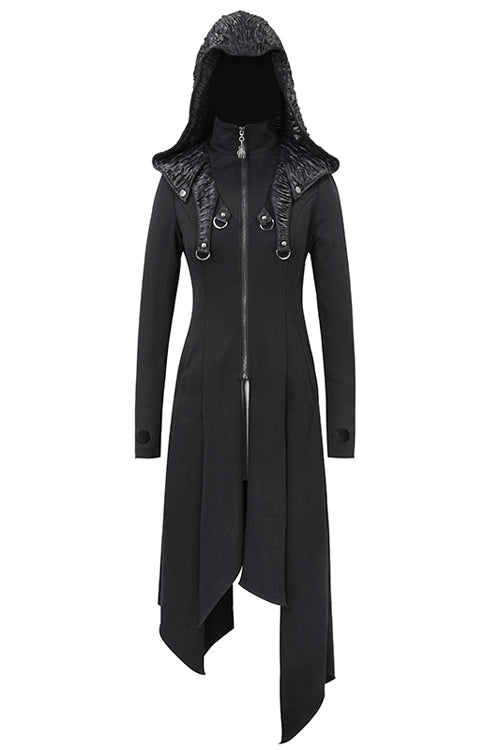 Black Hooded Slim Knitted Long Womens Punk Coat - Product - 4