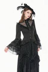 Black Stand Collar Long Trumpet Sleeves Multi-Layered Ruffled Lace Patchwork Lace-Up Women's Victorian Gothic Blouse - Product - 8