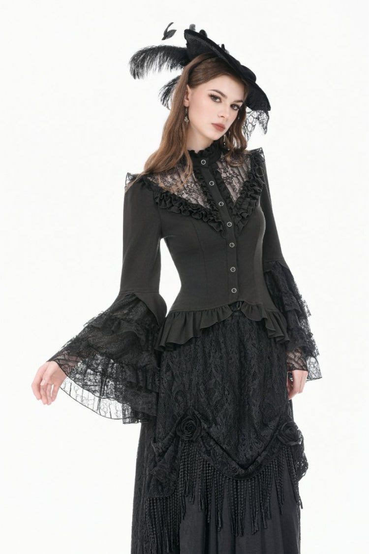 Black Stand Collar Long Trumpet Sleeves Multi-Layered Ruffled Lace Patchwork Lace-Up Women's Victorian Gothic Blouse - Product - 8