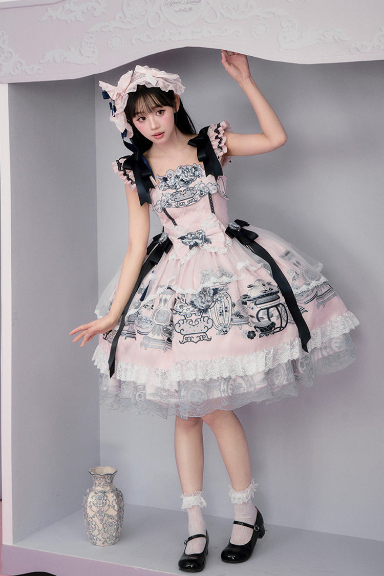 Pink [Celadon Jade Cup] Square Collar Flutter Sleeves Printed Ruffled Embroidered Bow Lace Classic Chinese Inspired Lolita Jsk Dress - Product - 3