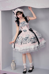 Pink [Celadon Jade Cup] Square Collar Flutter Sleeves Printed Ruffled Embroidered Bow Lace Classic Chinese Inspired Lolita Jsk Dress - Product - 3