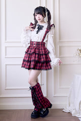 Red Triple-Layered Plaid Print Ruffle Gothic Jirai Kei Japanese Strap Dress - Product - 6