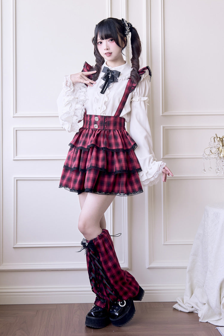 Red Triple-Layered Plaid Print Ruffle Gothic Jirai Kei Japanese Strap Dress - Product - 6
