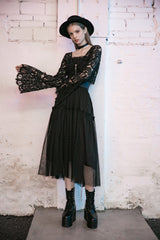 Black Metal Pendant Hollow Lace Lace-Up Women's Gothic Blouse - Product - 7