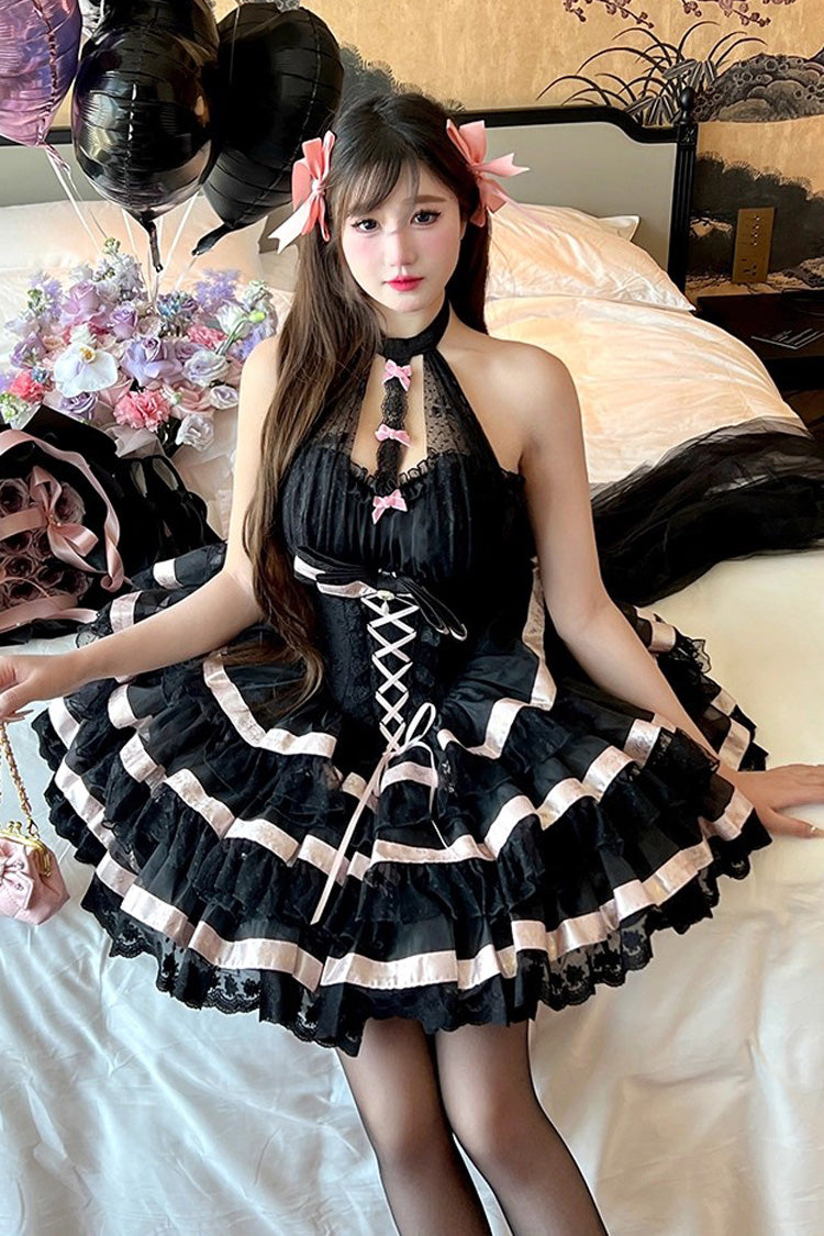 Black [Ballet Dream] Halterneck Triple-Layered Ruffle Bowknot Lace-Up Sweet Princess Lolita Dress - Black - 1