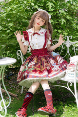 Red [Rabbit and Bear Feast] Print Ruffle Bowknot Sweet Lolita Skirt - Product - 3