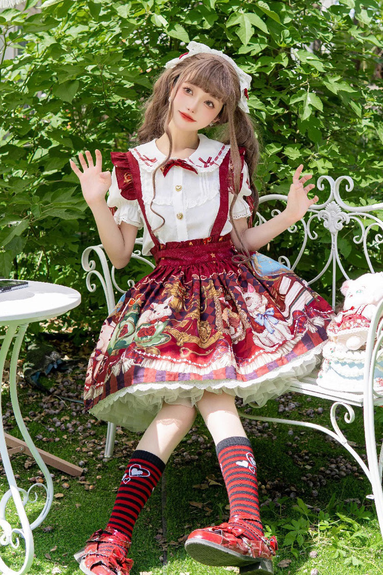 Red [Rabbit and Bear Feast] Print Ruffle Bowknot Sweet Lolita Skirt - Product - 3