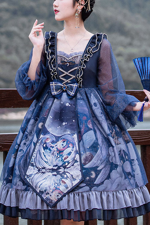 Dark Blue Unicorn Print Long Sleeves High Waisted Ruffled Classic Lolita OP Dress - Blue - 1