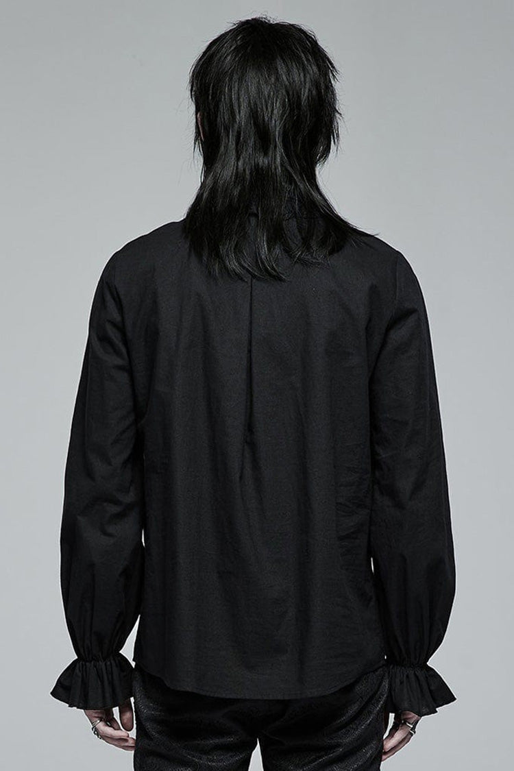 Black Gothic Pure Cotton No Elasticity Neckline Pleats Lace Ruffle Embroidery Tie Rope Design Men's Shirt - Product - 3