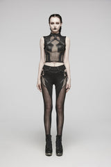 Black Cut-Out Spliced Lace-Up Slim Mesh Eyelet Women's Punk Leggings - Product - 2
