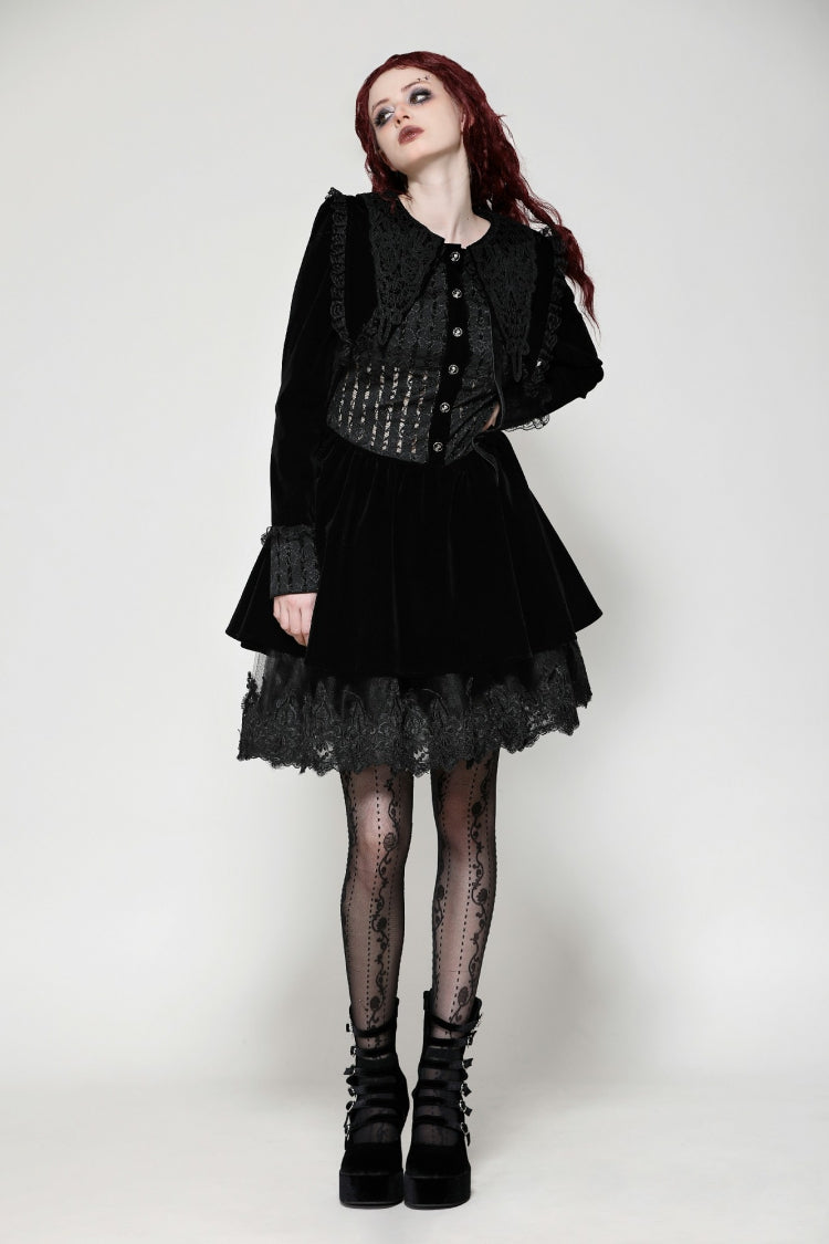 Black Long Sleeves Lace Women's Gothic Velvet Short Dress - Product - 6