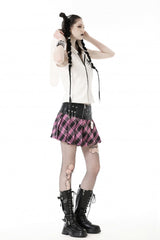 Black/Pink Women's Punk Grunge Zippered Faux Leather Spliced Plaid Pleated Mini Skirt - Product - 2