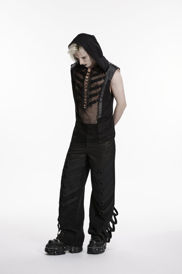 Black Multi-Layered Mesh Eyelet Men's Punk Cool Strappy Pants - Product - 8
