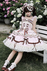 Pink [Shengqiao Tata] Sleeveless Print Ruffle Bowknot Lace-Up Sweet Elegant Lolita Jsk Dress - Product - 4