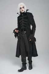 Black Diamante Stand Collar Long Sleeves Printed Zippered Men's Gothic Long Coat - Product - 8
