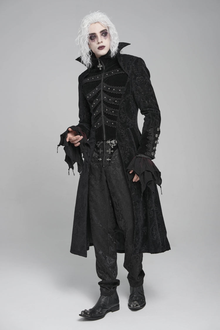 Black Diamante Stand Collar Long Sleeves Printed Zippered Men's Gothic Long Coat - Product - 8