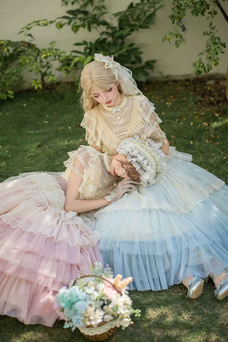 Pink [Sincere Vow] Edwardian Collar Short Sleeves Ombre Multi-Layered Ruffled Embroidered Sweet Lolita Dress - Product - 13