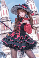 Black/Red [Showa Cake] Sleeveless Triple-Layered Ruffled Bow Lace-Up Witch Gothic Lolita Jsk Dress - Product - 2