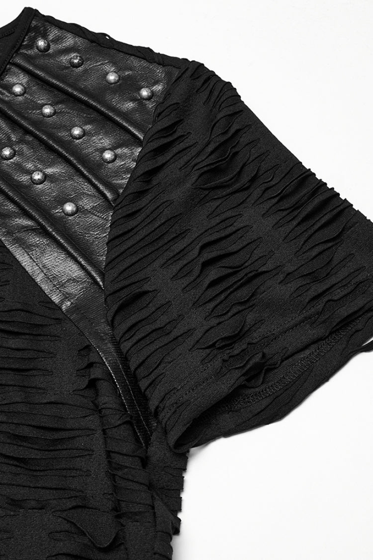 Black Short Sleeves Jacquard Faux Leather Stitching Ripped Rivet Men's Punk T-Shirt - Product - 6