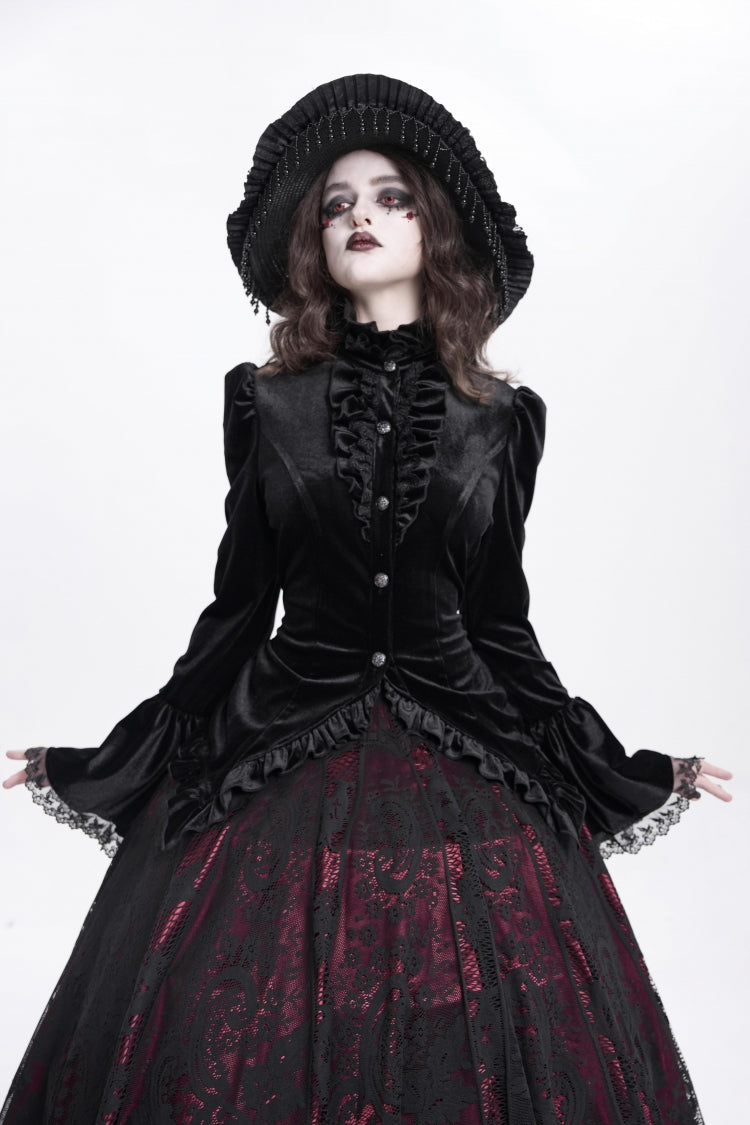 Black Stand Collar Long Trumpet Sleeves Ruffle Swallow-tailed Women's Gothic Blouse - Product - 2